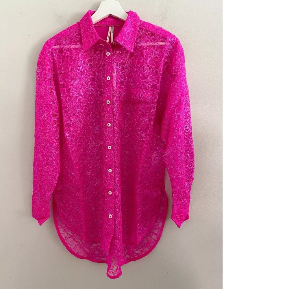 By Anthropologie Metallic Lace Buttondown Shirt pink size XSP PXS new nwt - Picture 1 of 9